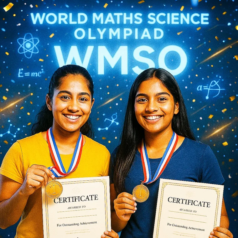 Two students holding medals and certificates